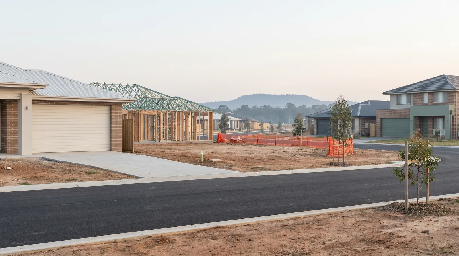 A new-build street in Fletcher with homes at different construction stages