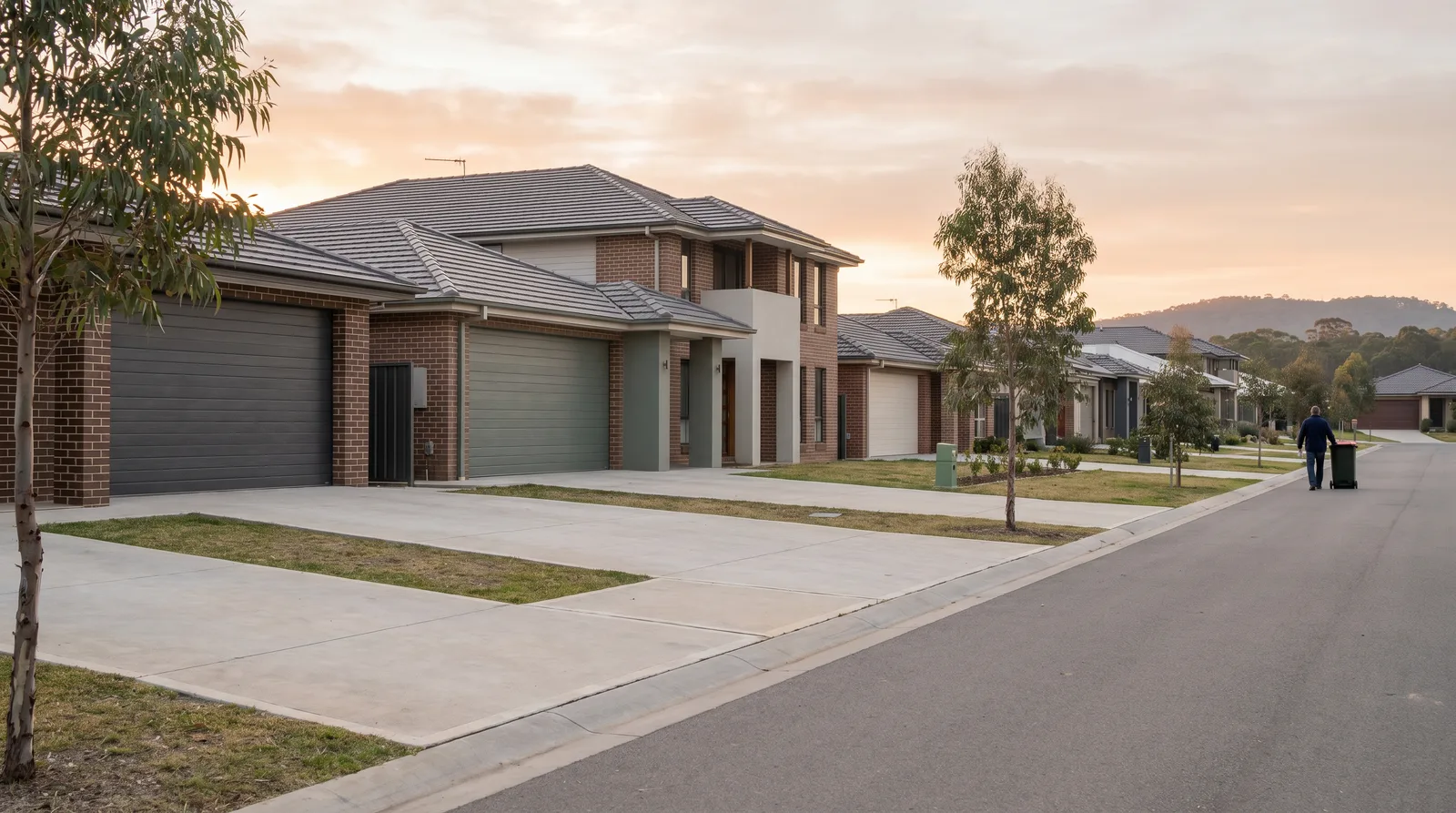 A quiet Cameron Park estate street at morning, double garage doors dominating each house frontage