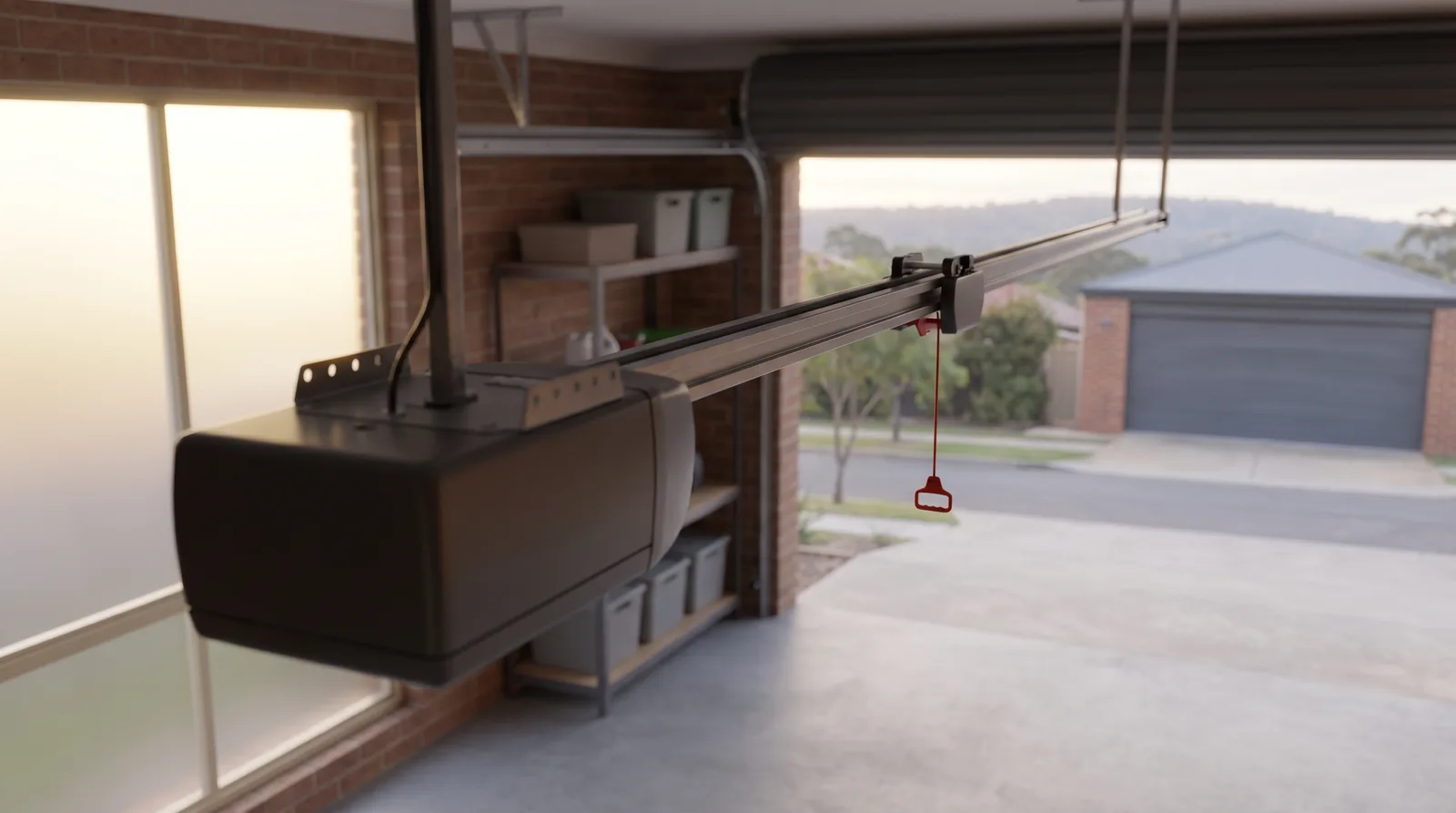 A ceiling-mounted garage door opener and drive rail with its red manual release cord